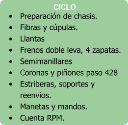 •	Preparación de chasis. •	Fibras y cúpulas. •	Llantas •	Frenos doble leva, 4 zapatas. •	Semimanillares •	Coronas y piñones paso 428 •	Estriberas, soportes y reenvios. •	Manetas y mandos. •	Cuenta RPM.   CICLO